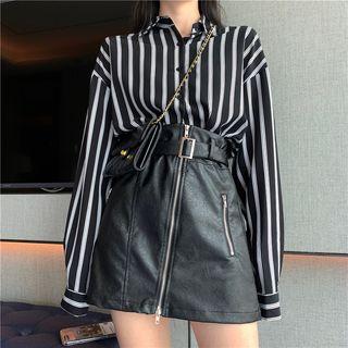 Set: Striped Shirt + Faux Leather Skirt