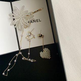 Set: Faux Pearl Heart Drop Earring + Stud Earring With Hair Clip 1 Pair - Asymmetric - Gold - One Size