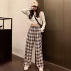 Cropped Long-sleeve Top / Plaid Straight-cut Pants