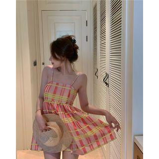Strappy Plaid A-line Dress Plaid - Red & Yellow - One Size