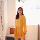 Metallic-button Pleat-hem Mini Shirtdress