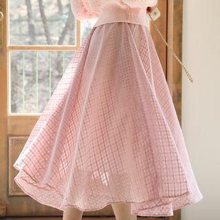 Plaid Chiffon Long Flare Skirt