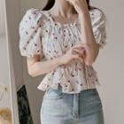 Short-sleeve Floral Embroidered Chiffon Blouse White - One Size