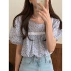 Puff-sleeve Floral Print Blouse Purple & White - One Size