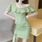 Off-shoulder Short-sleeve Drawstring Slim-fit Dress