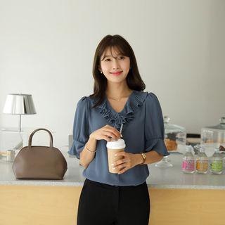V-neck Bell-sleeve Ruffle-detail Top