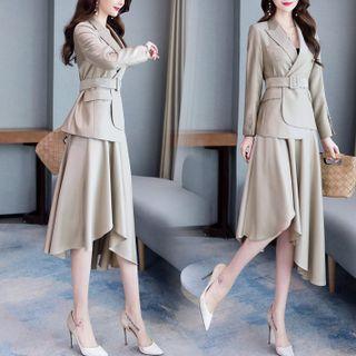 Set: Plain Blazer + Asymmetrical Midi A-line Skirt