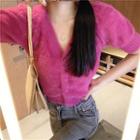 Short-sleeve Furry V-neck Cardigan Fuchsia Pink - One Size