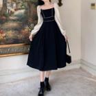 Two-tone Square-neck Puff-sleeve Dress
