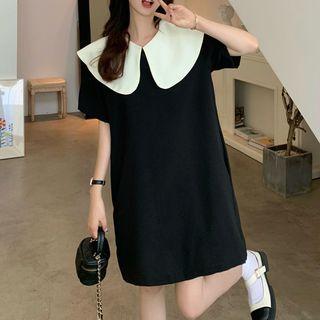 Elbow-sleeve Sailor Collar Bow Dress Black - One Size