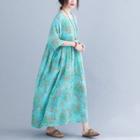 Elbow-sleeve Floral Midi Oversized Dress Green - One Size
