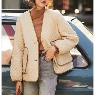 V-neck Contrast Trim Quilted Jacket