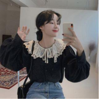 Lace Peter Pan Collar Lantern-sleeve Shirt Black - One Size