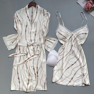 Set: Printed Silk Night Dress + Robe