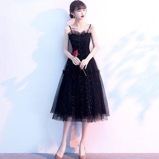 Spaghetti Strap Rhinestone A-line Mesh Cocktail Dress