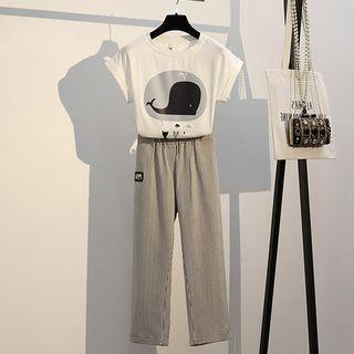 Set: Short-sleeve Whale Print T-shirt + Striped Straight Cut Pants