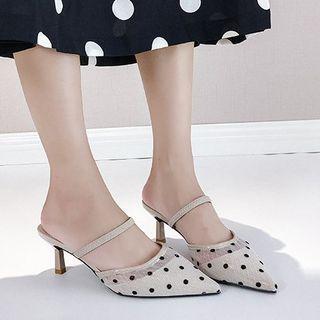 Polka Dots Mesh Pointed-toe Kitten-heel Mules