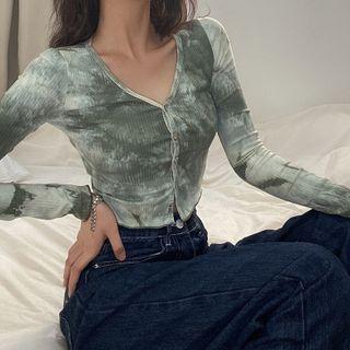 Long-sleeve Tie-dye Button T-shirt