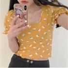 Floral Print Square-neck Cropped T-shirt Mango Yellow - One Size