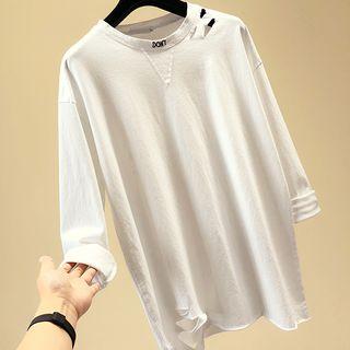 Long-sleeve Lettering Embroidered Ripped T-shirt White - One Size