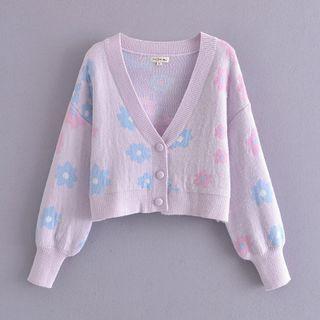 Long Sleeve V-neck Floral Print Crop Cardigan