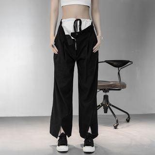 Color Block Drawstring Slit Pants Black - One Size