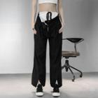 Color Block Drawstring Slit Pants Black - One Size