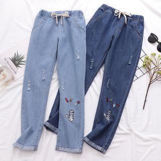 High Waist Cat Embroidered Cropped Straight Leg Jeans