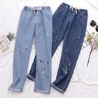 High Waist Cat Embroidered Cropped Straight Leg Jeans