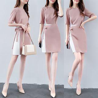 Mock Two-piece Color Block Elbow-sleeve Wrap Dress