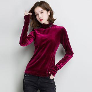 Turtleneck Letter Embroidered Long Sleeve Velvet Top