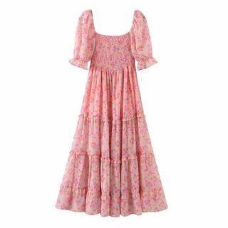 Short-sleeve Floral Print Shirred Tiered Maxi A-line Dress