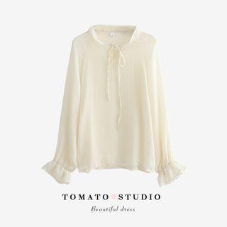 Plain Drawstring Bow Ruffle Blouse Almond - One Size