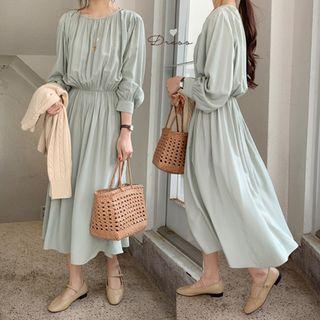 Long-sleeve Midi A-line Dress Mint Green - One Size