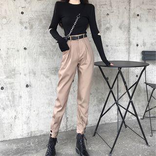 Set: Long-sleeve Cut-out T-shirt + High-waist Plain Tapered Pants