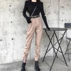 Set: Long-sleeve Cut-out T-shirt + High-waist Plain Tapered Pants