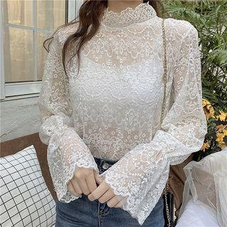 Plain Crewneck Lace Loose-fit Puff-sleeve Top