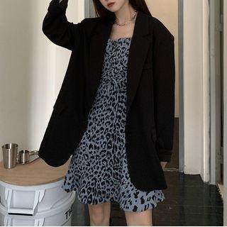 Spaghetti Strap Leopard Print Mini A-line Dress / Plain Blazer