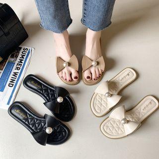 Faux Pearl Bow Flat Slide Sandals