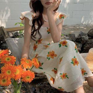 Sleeveless Floral Print Midi Smock Dress White - One Size