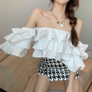 Set: Off-shoulder Ruffle Blouse + Houndstooth Mini Pencil Skirt