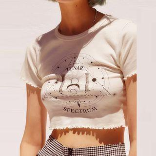 Short-sleeve Graphic Print Frill Trim Crop Top