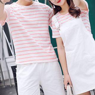 Women Set: Short-sleeve Striped T-shirt + Pinafore Dress / Men T-shirt / Shorts