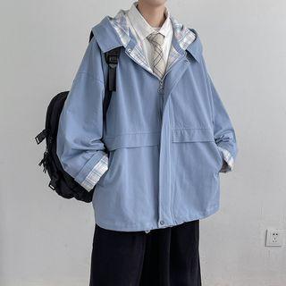 Plaid Panel Hooded Zip Trench Jacket