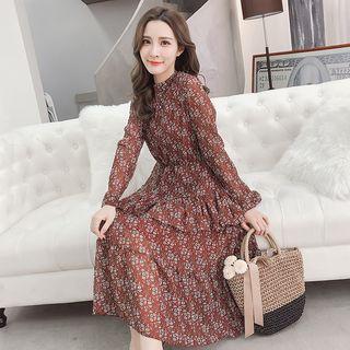 Mock-neck Floral Long-sleeve Midi Dress