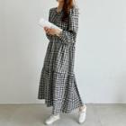 Round-neck Gingham Tiered Long Dress