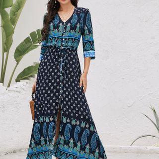 Paisley Print 3/4-sleeve Maxi A-line Dress