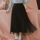 Mesh-overlay Star Print Midi A-line Skirt