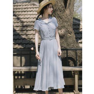 Lace Trim Sailor Collar Midi A-line Dress