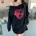 One Shoulder Pearl Strap Oversized Print T-shirt